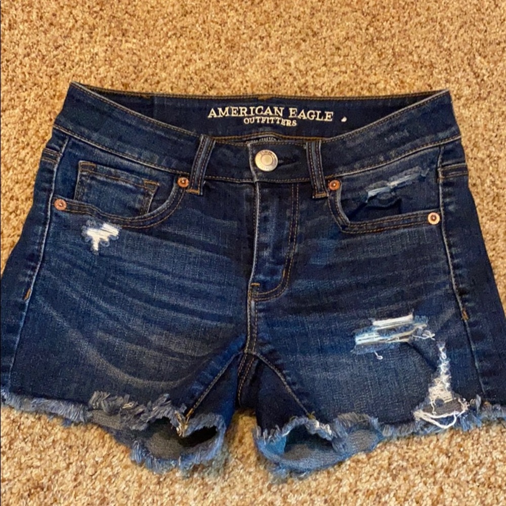 AEO Dark wash distressed jean short